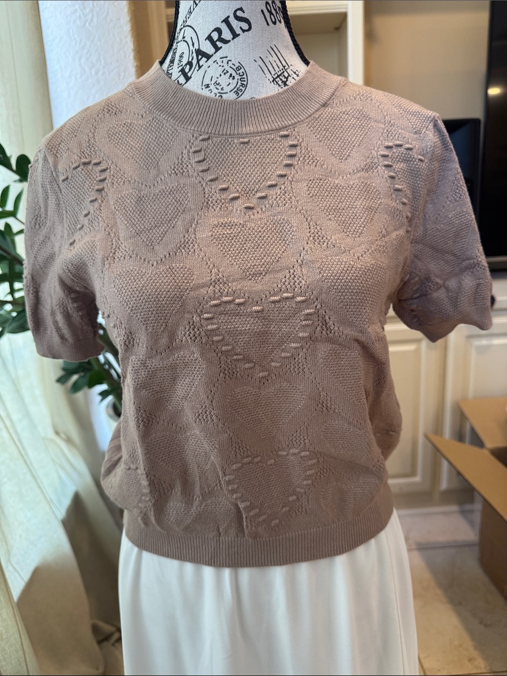 Massimo Dutti Beige Crewneck Heart Pointelle Knit Sweater